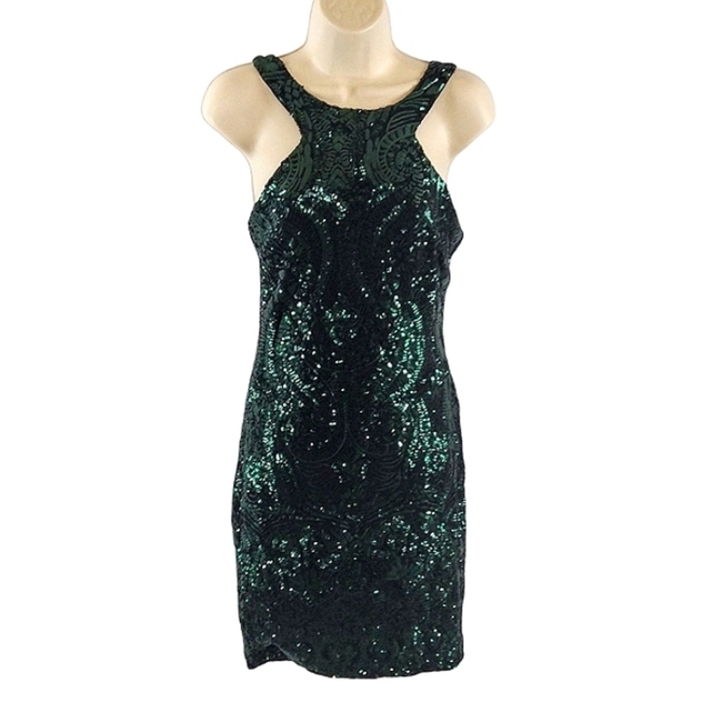Forest green sequined cocktail party dress